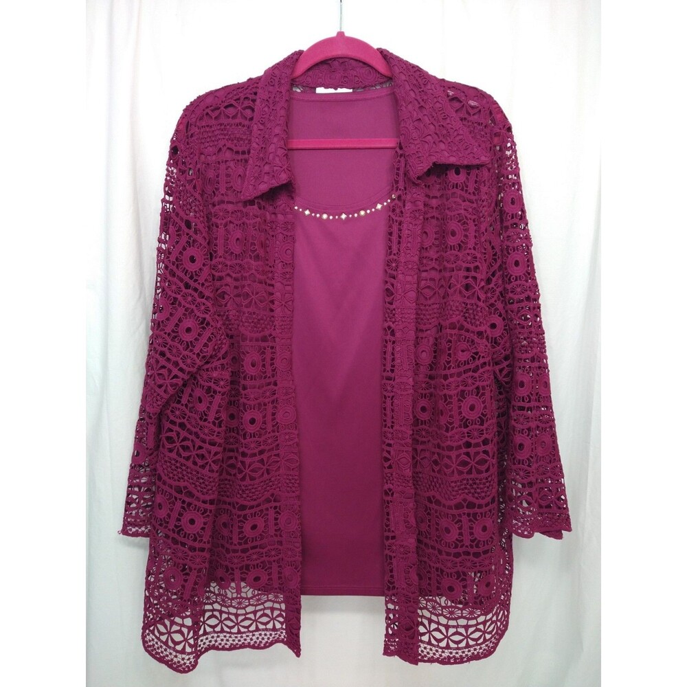 Alfred Dunner 2X French Bistro Dark Pink Lace Jacket and Tank Set